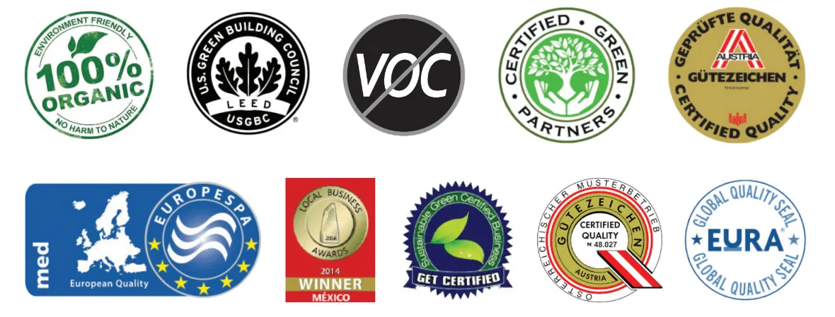 Certificaciones internacionales: 100% Organic, Green Building, VOC free, Certified Green Partners, Gütezeichen, Eurofins y otras